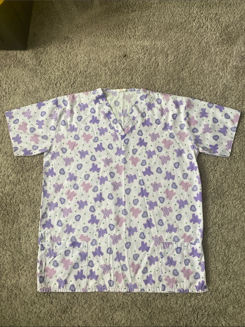 Medical Scrub top Purple & Pink w bear and heart Print size XL
